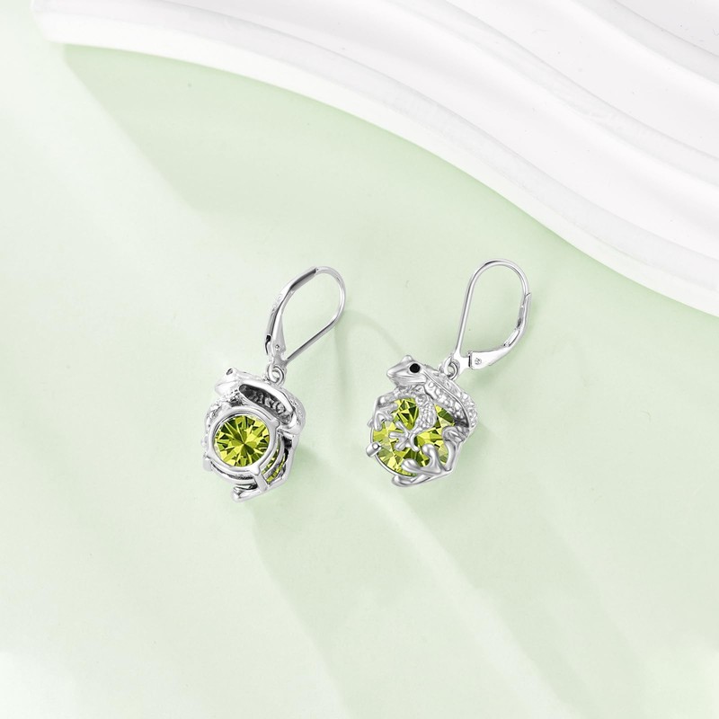 Frog Earrings with Birthstone 925 Sterling Silver Frog Drop Dangle