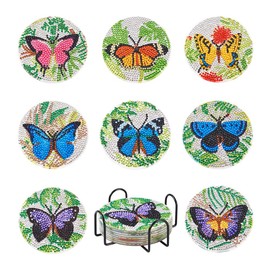 Cheriswelry 8pcs 5D DIY Diamond Painting Kits with Coaster Holder Butterfly Coaster Diamond Art Kit for Beginners Office Home Decoration