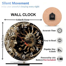 Lancholy 10-Inch Silent Wooden Wall Clock, Gold Celestial Clock Face Sun Moon ” Silent Non-Ticking Clock, Battery Operated (AA Batteries Not Included), Artistic Home Decor