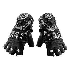 Skull Punk Rock Biker Black Leather Gloves Metal Chain Fingerless Gloves Men Women Uniesex (gloves with bracelt)
