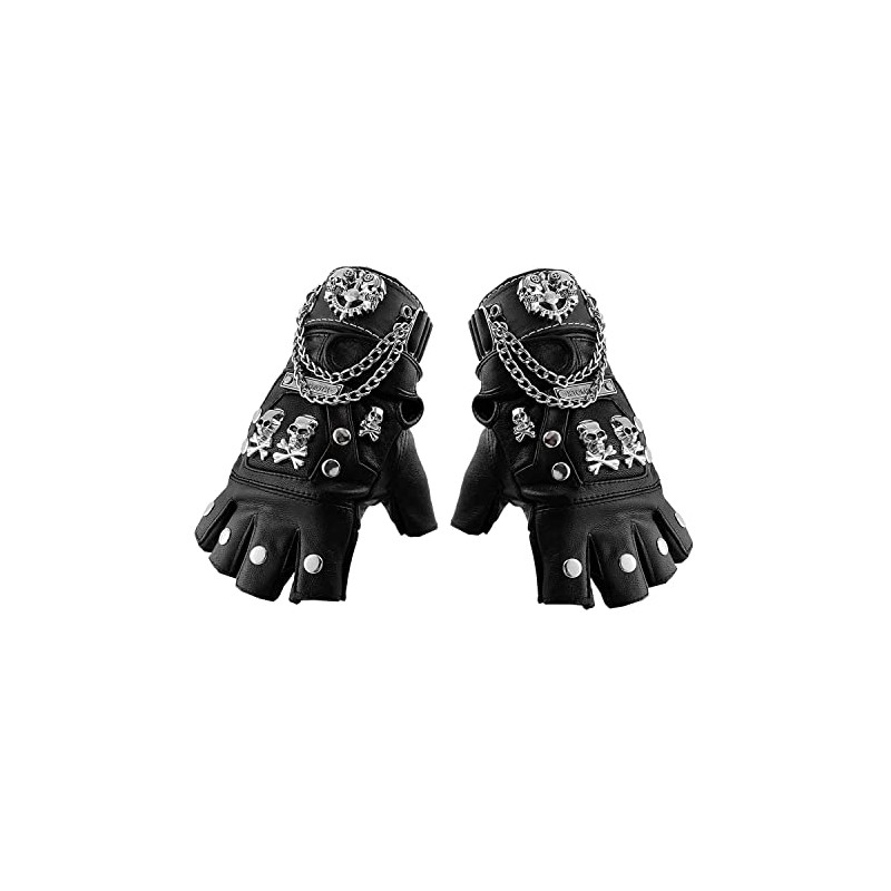 Skull Punk Rock Biker Black Leather Gloves Metal Chain Fingerless