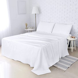 Bliss Queen Sheet Set - Pure White Cotton Blends, Comfy & Cooling Queen Size Flat Sheet