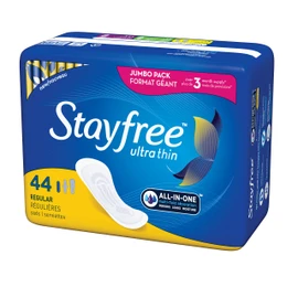 Stayfree Ultra Thin Regular Pads For Women, Wingless, Reliable Protection and Absorbency of Feminine Moisture, Leaks and Periods, 44 count