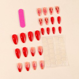 Christmas Red Nails Press On Almond Medium Red French Tip Fake Nails with Xmas Tree Design Winter Nude False Nails Press Ons Glossy Full Cover Glue On Nails Stick On Nails for Women DIY Manicure 24PCS