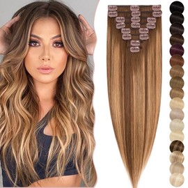 SEGO Clip-In Real Hair Extensions, 8-Piece Set, 100% Human Remy Human Hair, Soft, Silky, Thin, Straight, 45 cm, #4T4P27