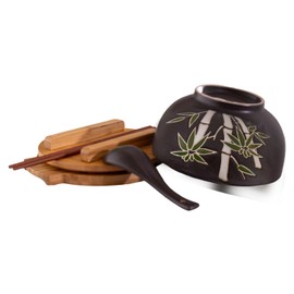 Hinomaru Collection Japanese Kamameshi Style Rice Noodle Bowl with Bamboo Lid Trivet Chopsticks and Porcelain Spoon Bowl Set (Bamboo)