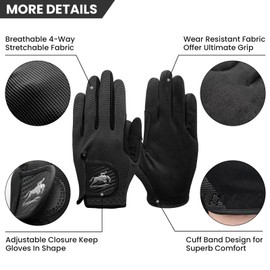 FINGER TEN Women's Horse Riding Gloves Stretchable Equestrian Horseback Youth Girls Anti Slip Breathable Lightweight Perfect for Biking Cycling (Black, M)