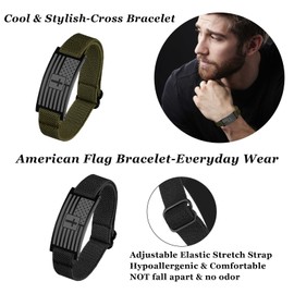 2pcs American Flag Bracelet for Men Adjustable Mens Bracelet with Cross Black Silver Green Men’s Link Bracelets Gift