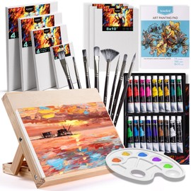 koseibal Acrylic Art Set with 18 Acrylic Paints, 8 Brushes, 4 Stretched Canvas, 1Wooden Easel, Etc, Premium Painting Supplies Kit for Students, Artists Kids, Adults, and Beginner