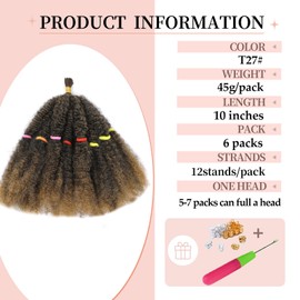 Springy Afro Kinky Curly Twist Crochet Hair Pre-Separated for Cuban Twist Hair Marley Braiding Hair Faux Locs Crochet Synthetic Hair Extensions for Women Girls (T27#, 10inch-6)