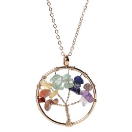 BIRLD Tree of Life Necklace, 7 Colors, Natural Crystal, Healing, Power, Purification, Good Luck, Amulet, Stone, Mini Size