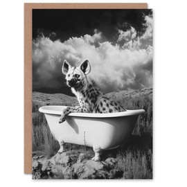 Artery8 Greeting Card Hyena In Desert Bathtub Black White Surreal Blank For Him Or Her Art Birthday Card