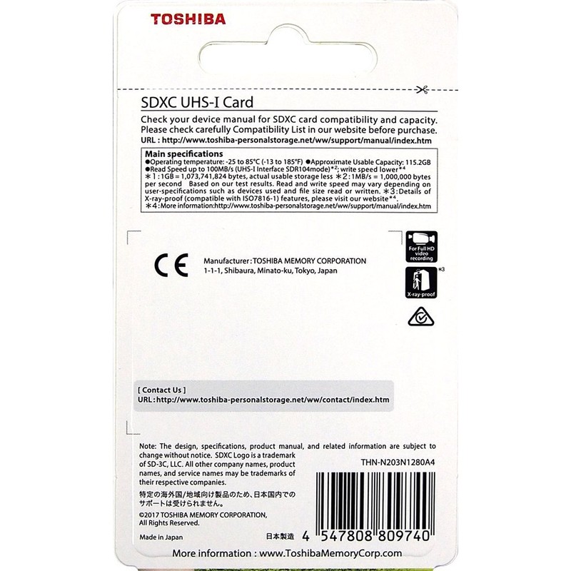 Toshiba 128GB N203 SDXC UHS - Iカード U1クラス10 SDカードメモリカード100MB/s (thn-n203N1280a4)