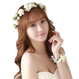 AiSi Flower Wreath with Bracelet, Wrist Band Headband Hair Wreath Flowers Crown Boho Style for Festival Wedding Bride Bridesmaid Party (White)