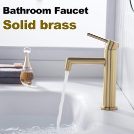 TRUSTMI Brushed Gold Bathroom Faucet, Single Handle Brass Bathroom Vanity Sink Faucets Single Hole Lavatory Washbasin Faucet with Water Faucet Supply Lines, 1-Hole Deck Mount