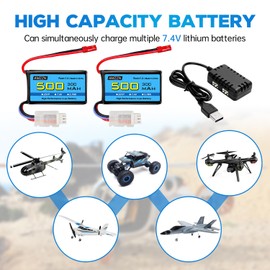 AMZZN 2PCS 7.4V 500mAh 30C JST-2P Plug Lipo Battery with 2-in-1 Charger for RC Vehicles