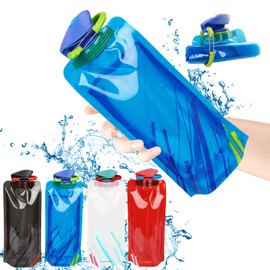 Dawumin Pack of 4 Foldable Water Bottles, 700 ml Drinking Bottle, Foldable Festival Bottle, Foldable Drinking Bottle with Carabiner, for Camping, Travel and Sports (Blue, Red, White, Black)