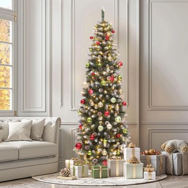 YITAHOME 6FT Pre-Decorated Pencil Christmas Tree w/Remote, Partially Flocked & Frosted Slim Prelit Artificial Hinged Xmas Tree w/ 618 Tips, 50 Pine Cones, 250 Warmwhite & Multi-Color Lights, 11 Modes