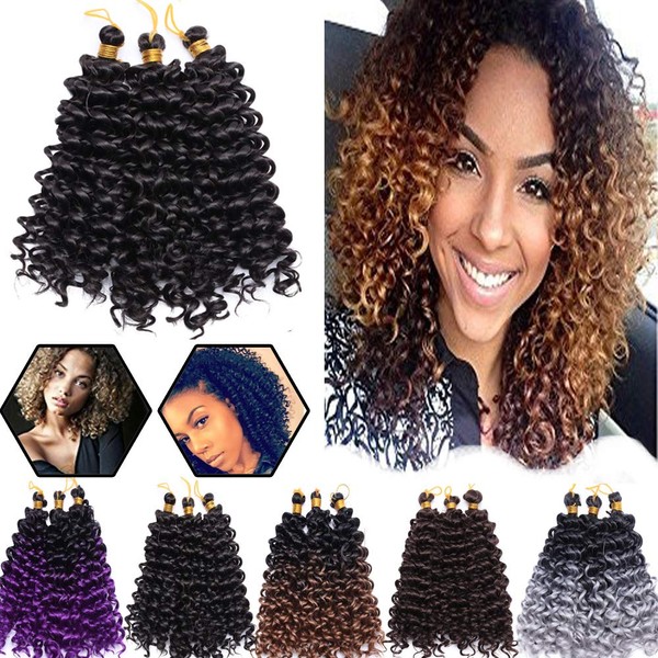 Afro Marlybob Crochet Hair Braids 8 Inch Water Wave Kinky Curly Synthetic Hair Bundles Extensions Ombre Jerry Curl Twist Hair for Black Women 3 Bundles/Pack Black to Reddish Brown
