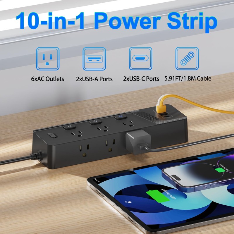 HITRENDS Power Strip with 6 AC Outlets and 4 USB