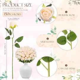 Tigeen 150 Pcs Artificial Rose Flowers Bulk, Fake Silk Roses Realistic Long Stem Flower Bouquets for Wedding Centerpieces Flower Arrangement Home Kitchen Decor(Beige)