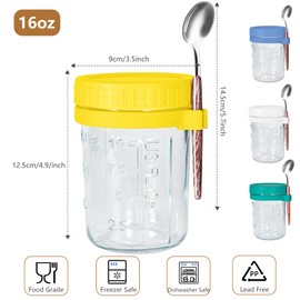 4 Pack 16 oz Overnight Oats Containers with Lids and Spoons,Glass Mason Overnight Oats Jars,Wide mouth Mason Salad jars Leak Proof Large Capacity Airtight Jars for Milk, Cereal, Fruit,Salad,Yogurt