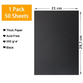 50 Sheets A4 Black Card & Paper 250gsm, Thick Cardstock Heavy Card Paper