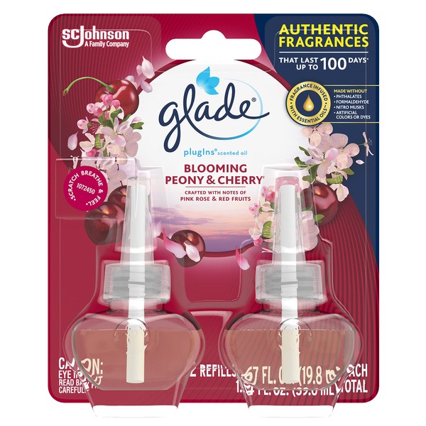 Glade PlugIns Refills Air Freshener, Scented and Essential Oils for Home and Bathroom, Blooming Peony & Cherry, 1.34 Fl Oz, 2 Count