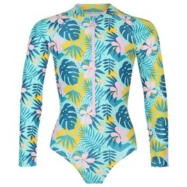 Tame the Sun Long Sleeve Girls' Swimsuit - Rash Guard with Frills, UPF 50+ Zipper Aqua Swimwear - Bathing Suit for Ages 3-12