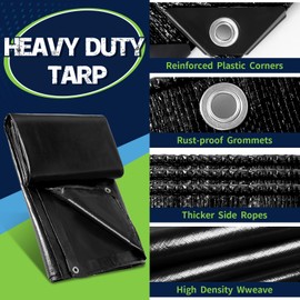 CAMPMAC Black Tarps Heavy Duty Waterproof 20x40, 12 Mil Thick, High Durability, Rip and Tear Resistant with Metal Grommets Every 20 Inches