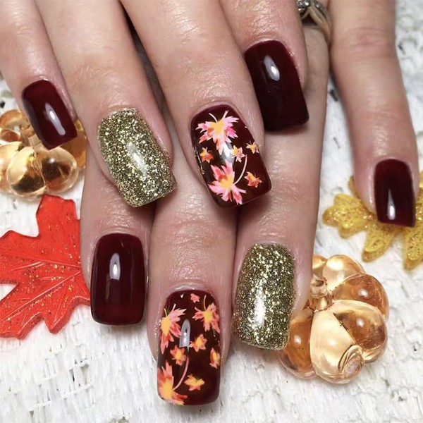 Fall Press on Nails Medium Square Fake Nails Autumn Ombre
