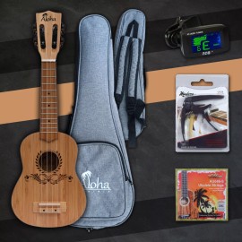 Aloha Ukulele Solid Bamboo Wood, Accessories (Canadian Brand) - Soprano Brown