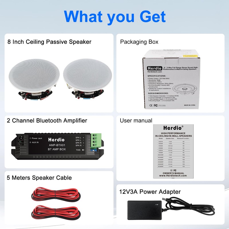 Herdio 8 Inch Bluetooth Ceiling Speakers Max Power 400 Watts