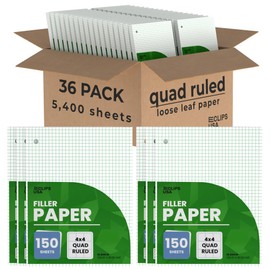 Graph Paper, Loose Leaf Graph Paper, 4 x 4 An Inch Quad Ruled Graph Paper, 10.5” x 8” Graphing Paper, 56 gsm, 150 Per Pack (36 Pack)