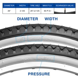 2 Pack 26 inch Bike Tires - 26x2.125 Beach Cruiser Bicycle Tires for Folding Replacement Bike with 26 inch Schrader Valve Bike Tubes, 2 Tire Levers, White