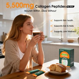 Mushroom Coffee with 5500mg Collagen Peptides, 6 Adaptogenic Mushrooms, L-Theanine, MCT Oil, Vitamins & Minerals, Organic Instant Coffee for Energy, Focus, Skin, Immune & Gut Support, 30 Sticks