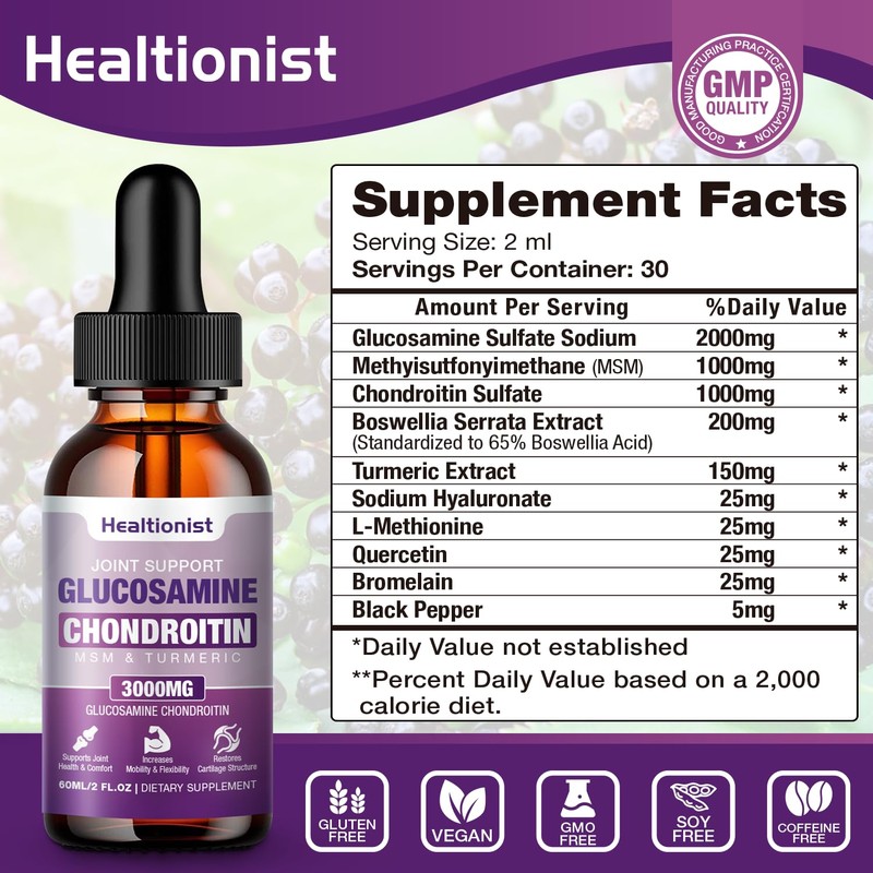 Healtionist 1 Pack Glucosamine Chondroitin MSM Liquid Drops, Extra Strength
