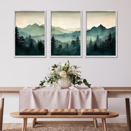 3 Piece Sage Green Mountain Wall Art 24x16 Inch Nature Landscape Forest Modren Wood Framed Sign Office Minimal Watercolor Pine Tree Pictures For Living Room Bedroom Wall Hang Decor (White)