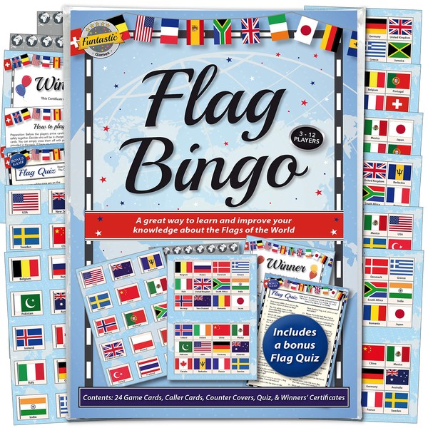 Flags of the World Bingo & Quiz Game - For Adults & Children. A fun activity and teaching accessory for groups and families of all ages.