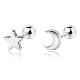 Aloluo 20G Tiny Moon and Star Stud Earrings for Women Silver Plated Hypoallergenic Cute Mini Small Ball Screw Back Studs Cartilage Tragus Post Dainty Minimalist Birthday Party Jewelry Gifts