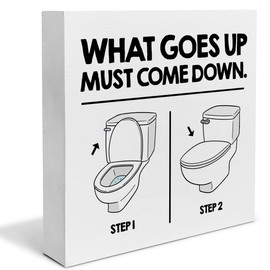 Funny Toilet Seat Sign Bathroom Wooden Box Sign What Goes up Must Come down Desk Decorations Home Bathroom Decor for Desk Table Shelf 5 x 5 Inches