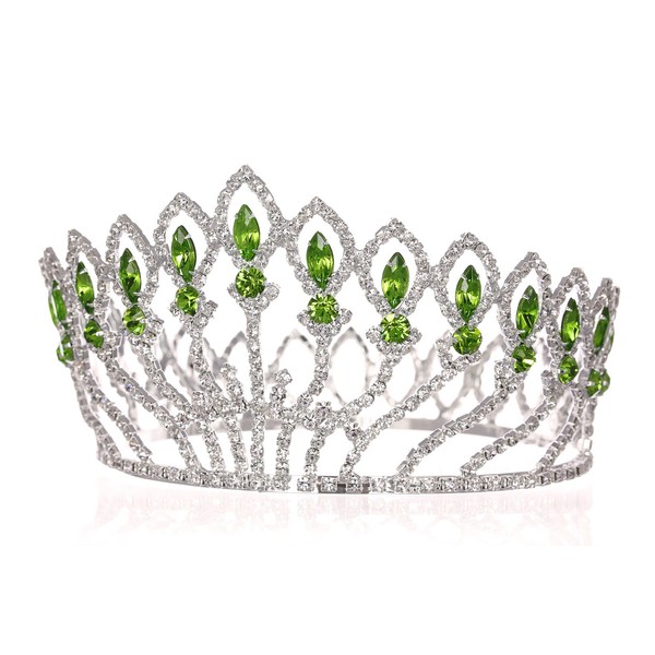 Pageant Beauty Contest Bridal Wedding Full Crown - Silver Plated Green Crystals T1185