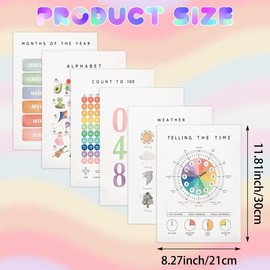 URROMA Early Education Poster, 6 Pcs Pre-School Educational Poster Alphabet Number Months Time Weather Poster for Preschoolers Kindergarten Home Decor