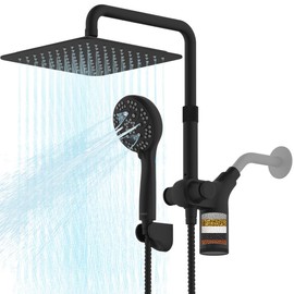Ryamen square turbo showerhead, 10 inch Filtered Shower Head with Handheld, 3-Way Rain Shower Head with Filters, 7 Settings Handheld Spray, High Pressure, Height Adjustable - Color: Black
