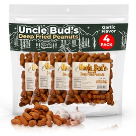 Uncle Bud's Deep Fried Peanuts In Shell (4-Pack) | Crunchy Garlic Peanuts, Hot and Spicy Peanuts, Healthy Flavored Peanuts, Garlic Snacks, Organic Peanuts, Salted Peanuts in the Shell, Peanut Packs