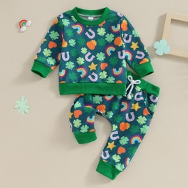 XIXIMAON Baby Boys Girls 2pcs Green Tracksuit Set Clover Rainbow Print Long Sleeve Sweatshirt Top Pants Set Toddler Kids Clothes Jogger Set (Green, 18-24 Months)