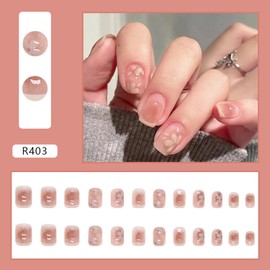 Stick on Finger Nails with Designs, 24Pcs Full Cover Reusable False Nails Kits, Press on Nails Short Square, Artificial Fingernails Acrylic Fake Nails for Women, Glue on Nails Coffin Shape（R403）