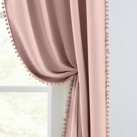 Melodieux Pink Pom Pom Blackout Curtains 84 Inches Long for Bedroom, Cute Boho Blackout Curtains for Kids Nursery, Living Room Thermal Insulated Privacy Cotton Drapes Girls Room, 52" W x 84" L