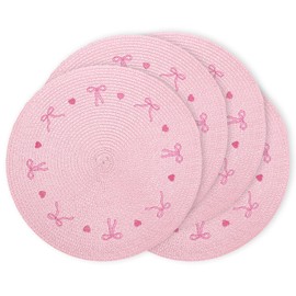 Whaline 4Pcs Round Placemats Pink Bow Embroidered Place Mats Coquette Bow Dinner Table Mats for Home Wedding Baby Shower Birthday Party Decor