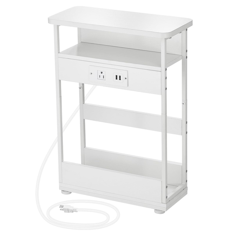 YEAKOO Narrow Side Table with Charging Station, 3-Tier End Table